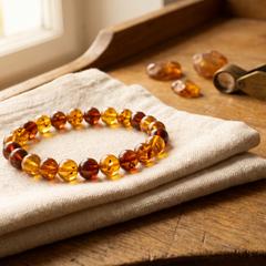 Amber bead bracelet on linen