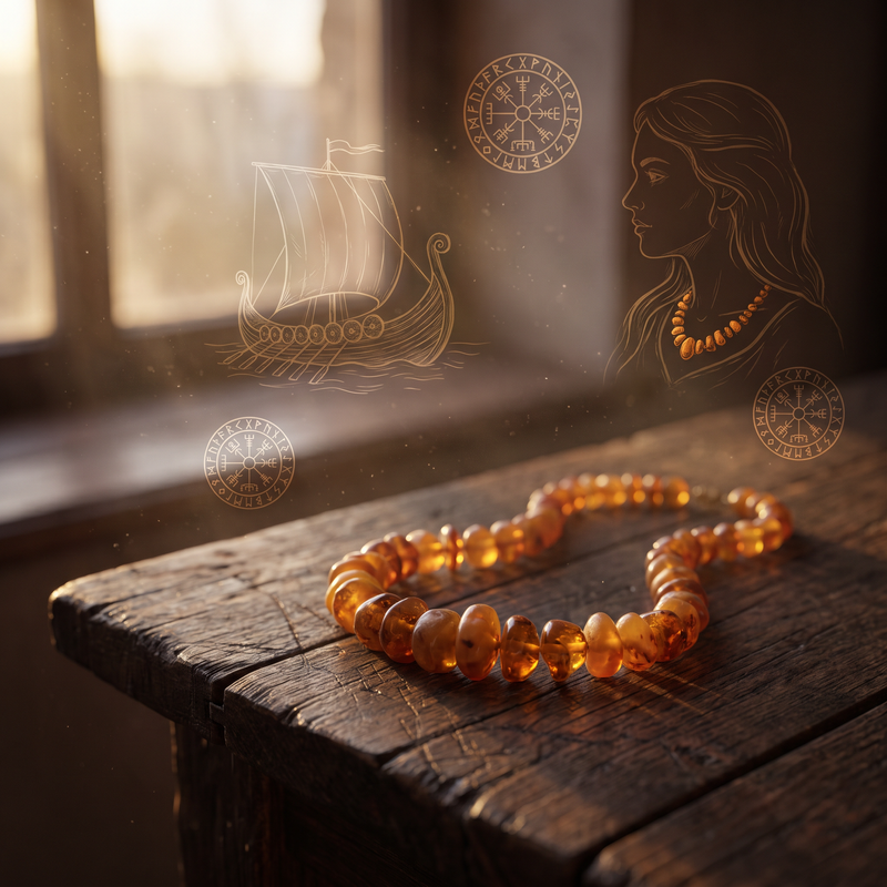 Antique Baltic amber necklace on old wood