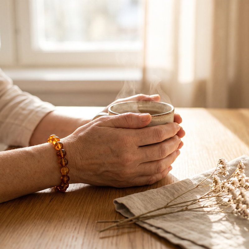 Hands with an amber bracelet holding a cup of tea in morning light