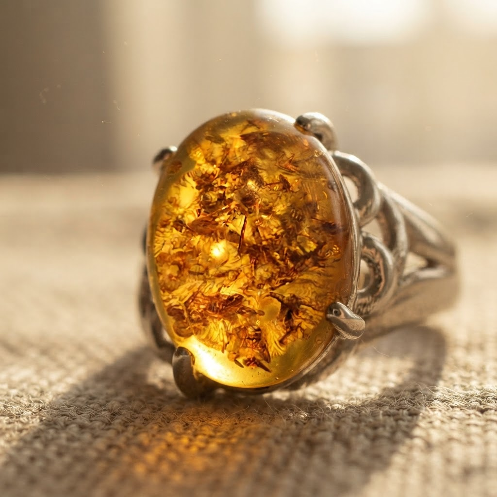 Margaret's Amber™ Hollow Piebald Wildflower Amber Ring