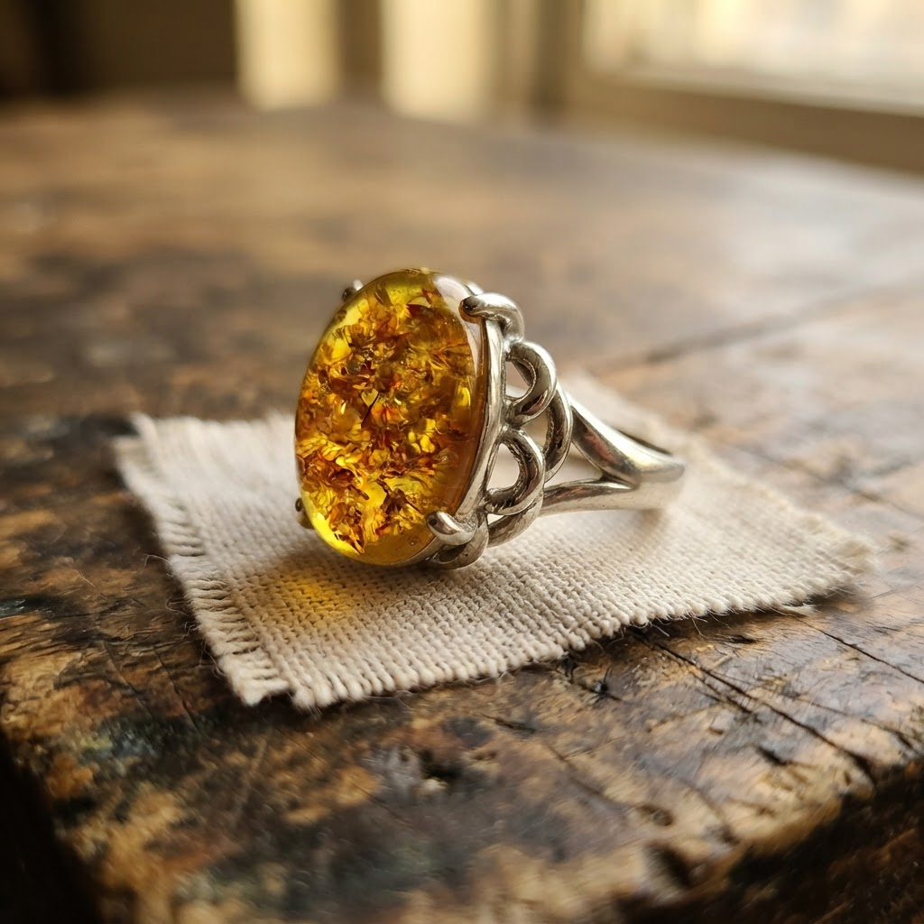 Margaret's Amber™ Hollow Piebald Wildflower Amber Ring