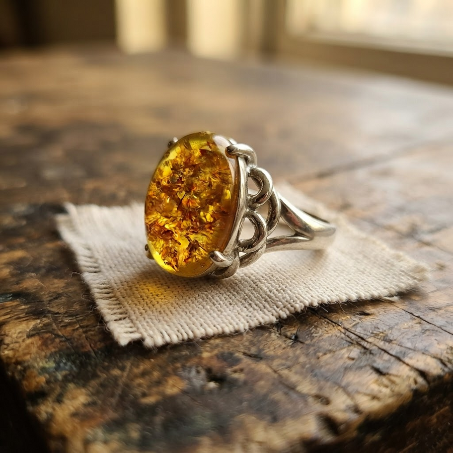 Margaret's Amber™ Hollow Piebald Wildflower Amber Ring