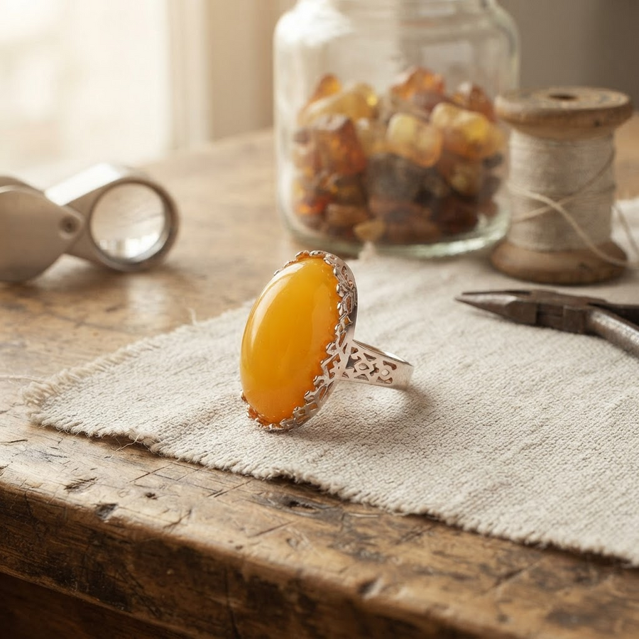 Margaret's Amber™ Opaline Cherry Silver Amber Ring